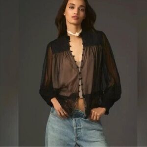 Anthropologie Layered Tule Black Sheer Lace Blouse S